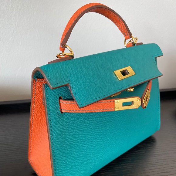 Handbags - Mini Top Handle Satchel Bag - Turquoise and Orange